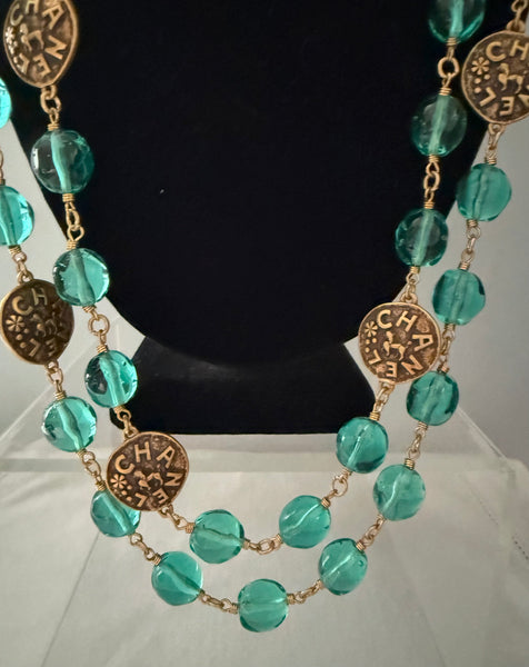 Rare Chanel Aqua Gripoix Lion Logo Station Necklace