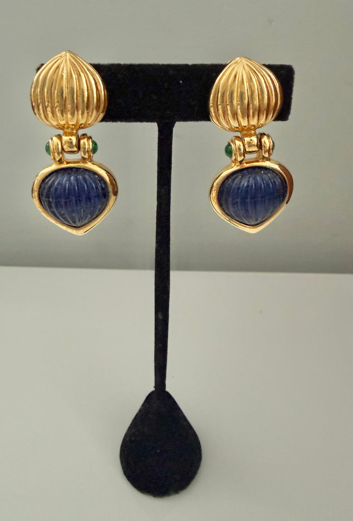 Blue Cabochon & Gold Clip On Dangle Earrings