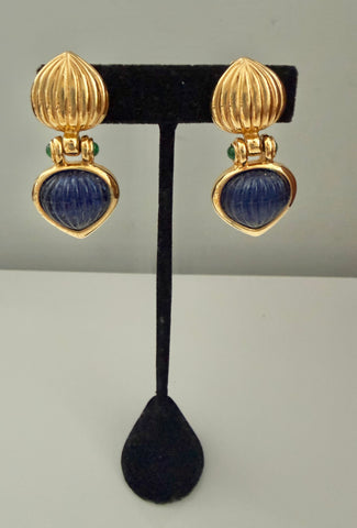 Blue Cabochon & Gold Clip On Dangle Earrings