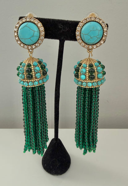 Large Contemporary Turquoise & Green Tassel Clip On Earrings