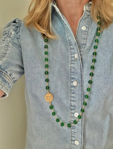Chanel Green Gripoix Bead Necklace with Single Chanel Charm