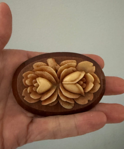 Wood & Carved Resin Flower Brooch