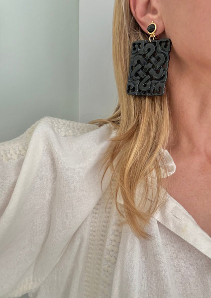 Kenneth Jay Lane Black Carved Resin Clip On Earrings