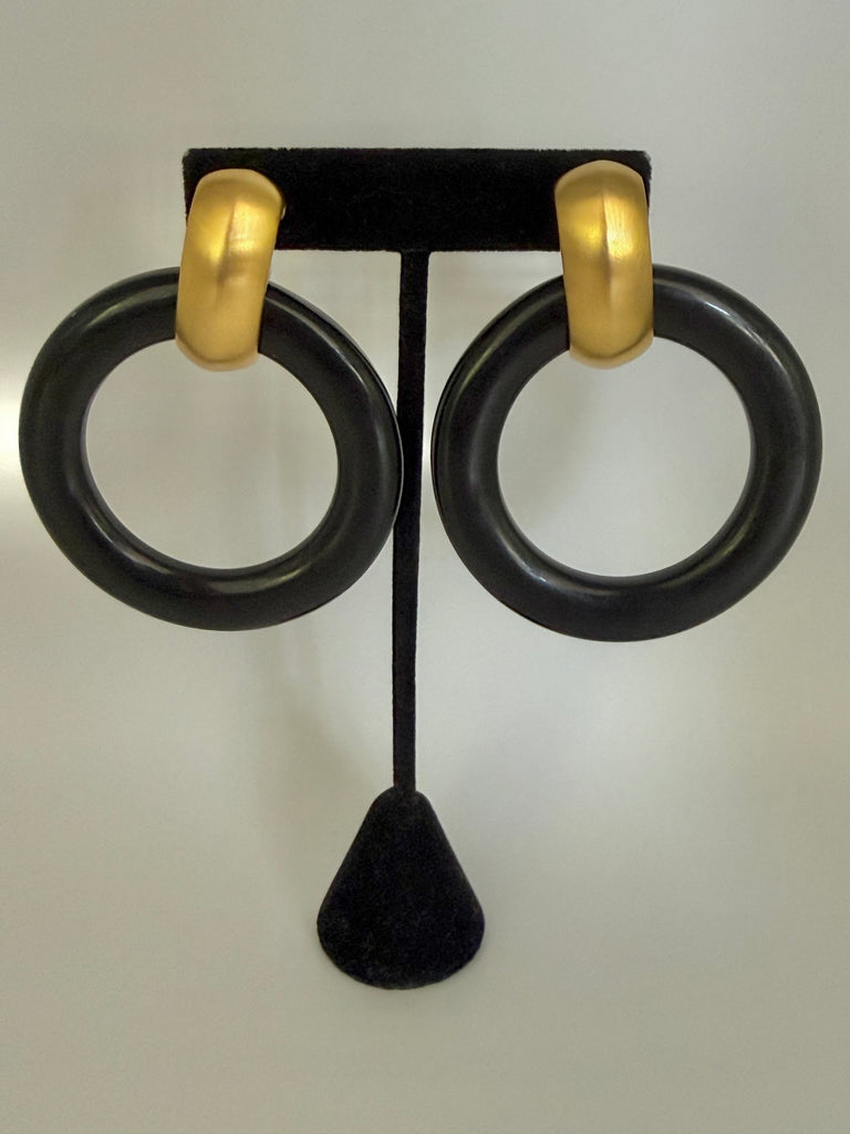 Kenneth Jay Lane Large Black & Matte Gold Clip On Earrings
