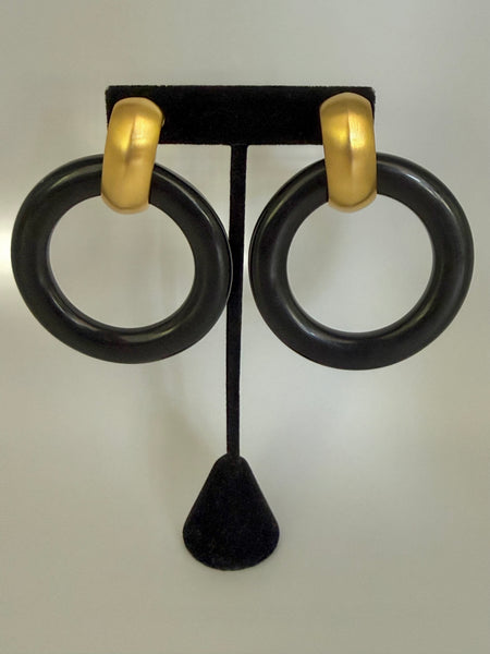 Kenneth Jay Lane Large Black & Matte Gold Clip On Earrings