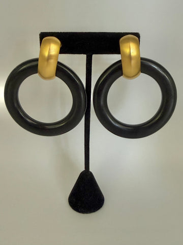 Kenneth Jay Lane Large Black & Matte Gold Clip On Earrings