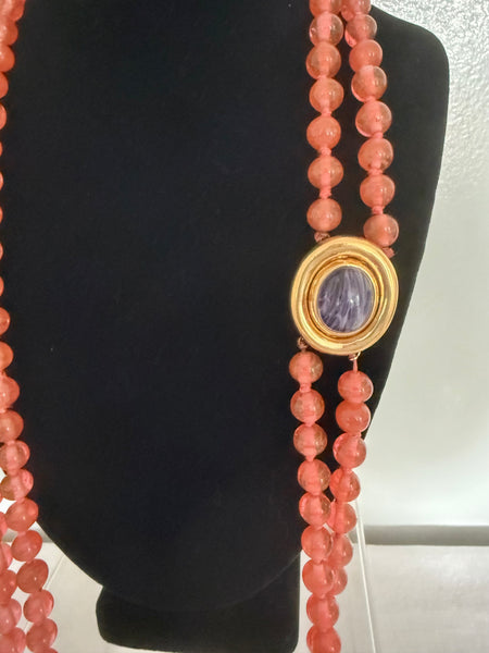 Coral Glass Beads with Amethyst Clasp