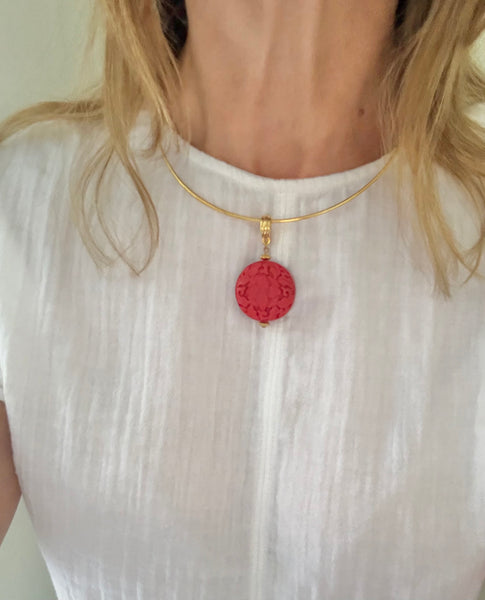 Carved Red Pendant on Choker Wire