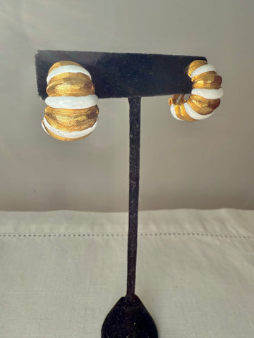Kenneth Jay Lane White Enamel & Gold Ribbed Hoop Clip On Earrings