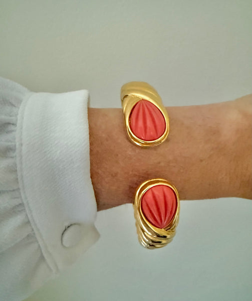 Kenneth Jay Lane Carved Lucite Coral Clamper Bracelet