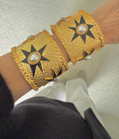 Gold Plated Star Cuff with Black Enamel & Pearl