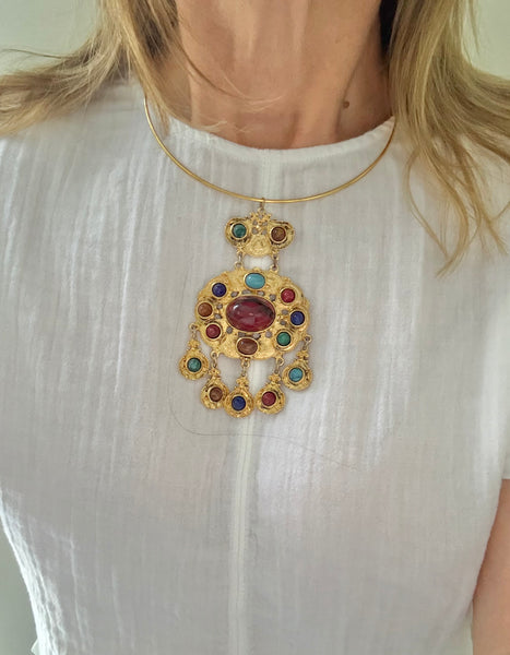 Colorful Etruscan Cabochon Pendant on Choker Wire