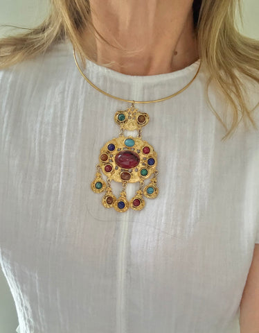 Colorful Etruscan Cabochon Pendant on Choker Wire