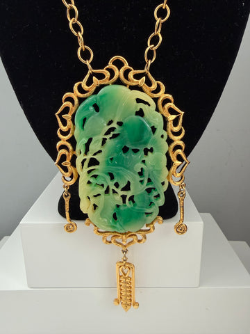 Vendome Green Carved Resin Asian Pendant Necklace