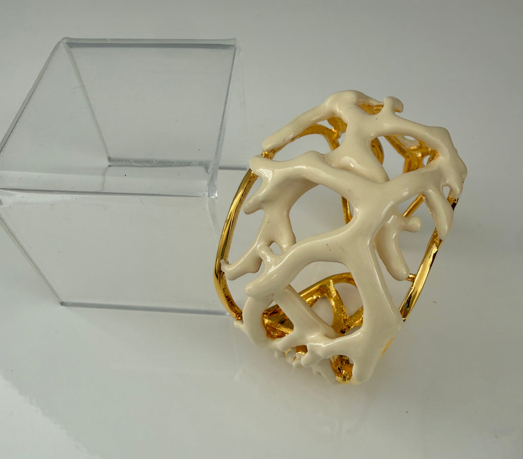 Kenneth Jay Lane White Coral Cuff Bracelet with Kick Hinge