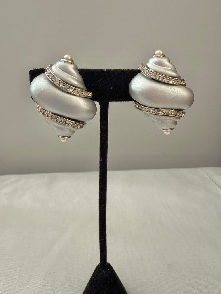 Kenneth Jay Lane Matte Silver Shell Clip On Earrings