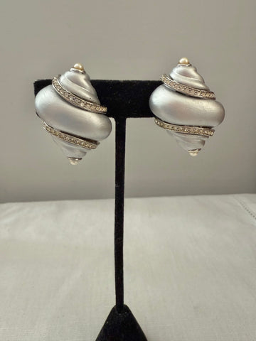Kenneth Jay Lane Matte Silver Shell Clip On Earrings