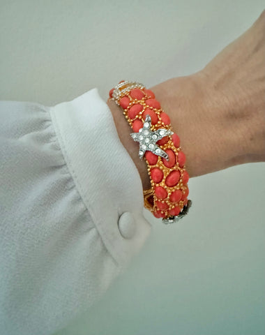 Coral Cabochon Hinged Starfish Bracelet