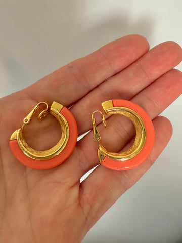 Trifari Coral Lucite Clip On Hoop Earrings