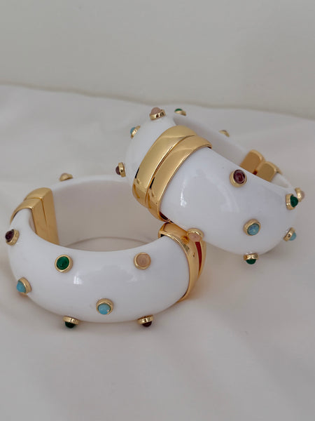 Multi Color Cabochon White Lucite Clamper Bracelet