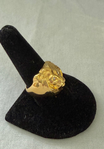 Gold Plated Lion Head Ring with Rhinestone Eyes Sz 9.5