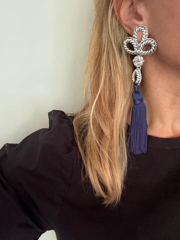 YSL Silver Knot Clip On Earrings with Blue Silk Tassel