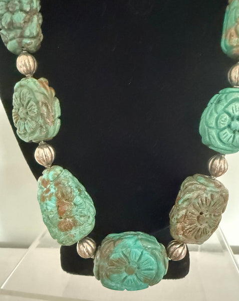 Sterling Silver and Carved Turquoise Flower Necklace