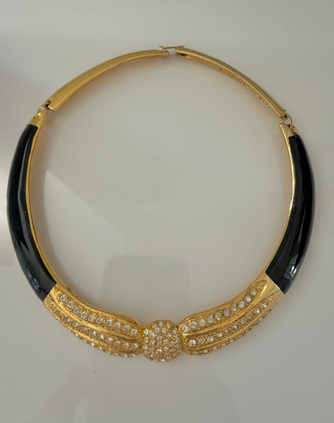Rhinestone & Black Enamel Collar Necklace