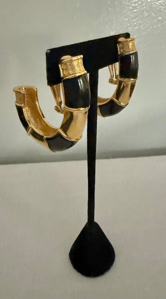 Givenchy Large Black Enamel & Gold Bamboo Hoop Clip On Earrings