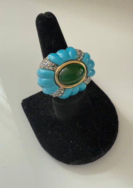 Carved Turquoise Resin & Green Glass Ring Size 8