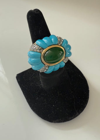 Carved Turquoise Resin & Green Glass Ring Size 8