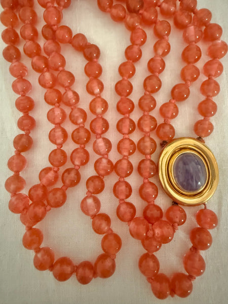Coral Glass Beads with Amethyst Clasp