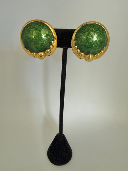 Green Enamel Clip On Earrings
