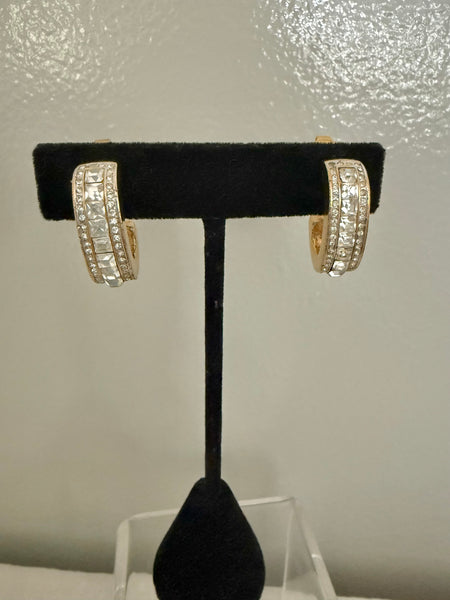 Trifari Channel Cut Rhinestone Hoop Clip On Earrings