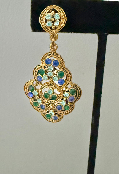 Hollycraft Blue & Green Dangle Clip On Earrings