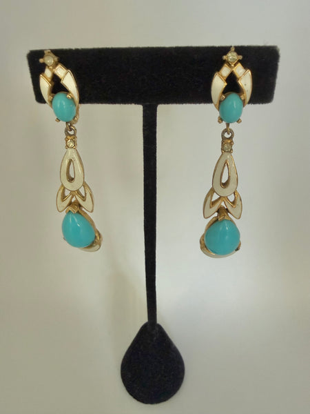 Polcini White Enamel & Turquoise Clip On Earrings