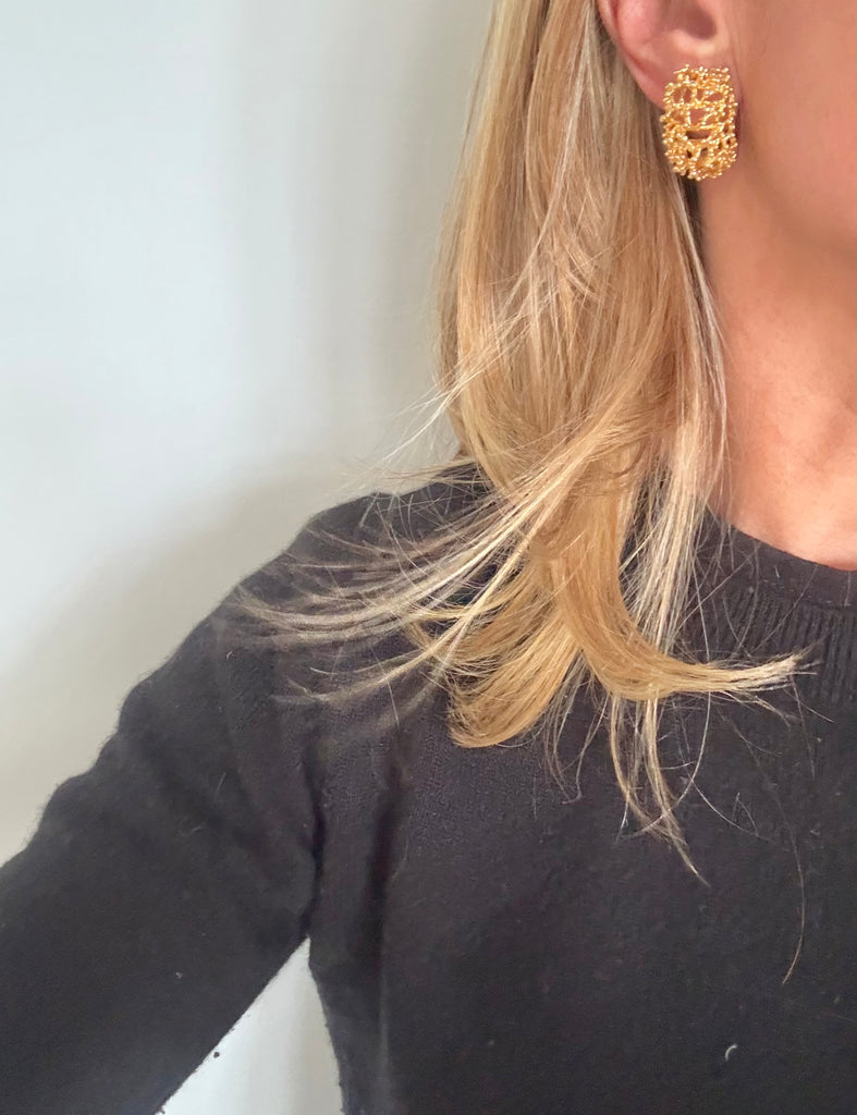 Panetta Gold Webbed Brutalist Clip On Earrings