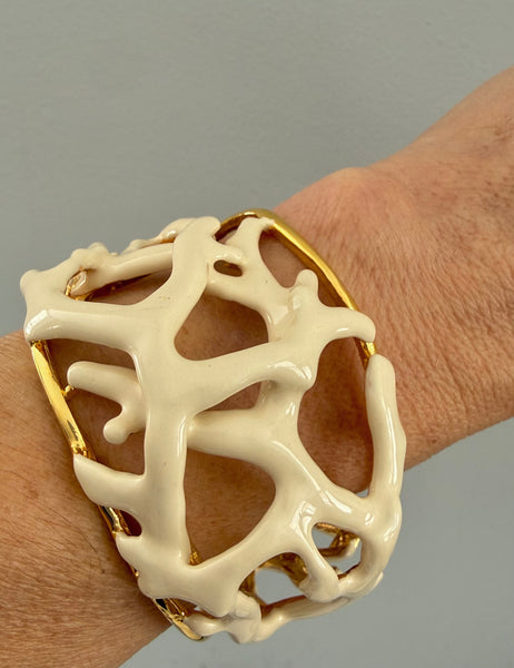 Kenneth Jay Lane White Coral Cuff Bracelet with Kick Hinge