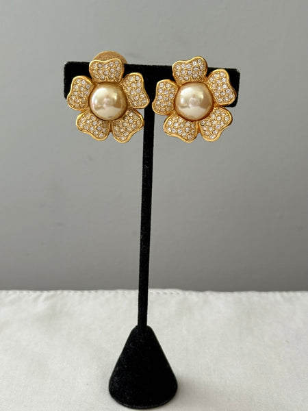 Rhinestone & Pearl Flower Clip On Earrings