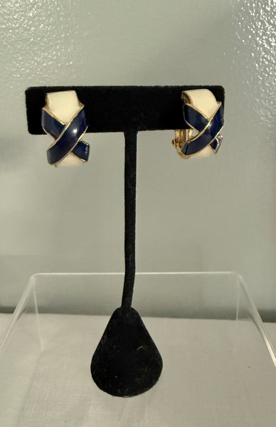Hill White & Blue Enamel Clip On Earrings