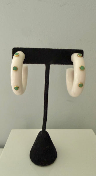 White Lucite Post Hoop Earrings with Light Green Cabochons