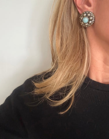 Faux Silver and Turquoise Clip On Earrings