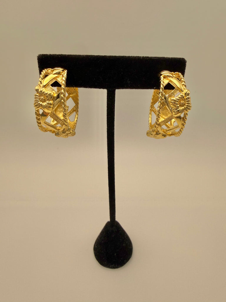 Monet Gold Hoop Post Earrings with Flower Detail