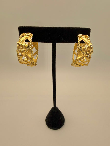 Monet Gold Hoop Post Earrings with Flower Detail