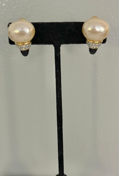 Replica Collection Pearl Clip On Earrings with Black Accents