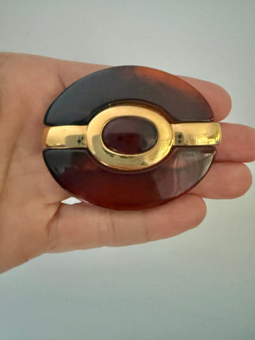 Brown Lucite Brooch with Gold