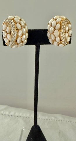 Trifari Pearl & Rhinestone Clip On Earrings
