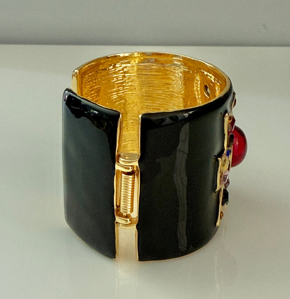 Kenneth Jay Lane Black Enamel Maltese Cabochon Cuff Bracelet