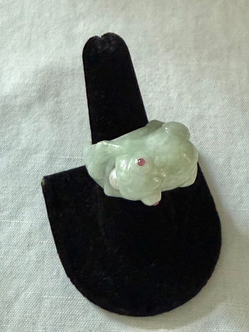 Carved Jade Frog Ring with Genuine Ruby and Pearl Size 8