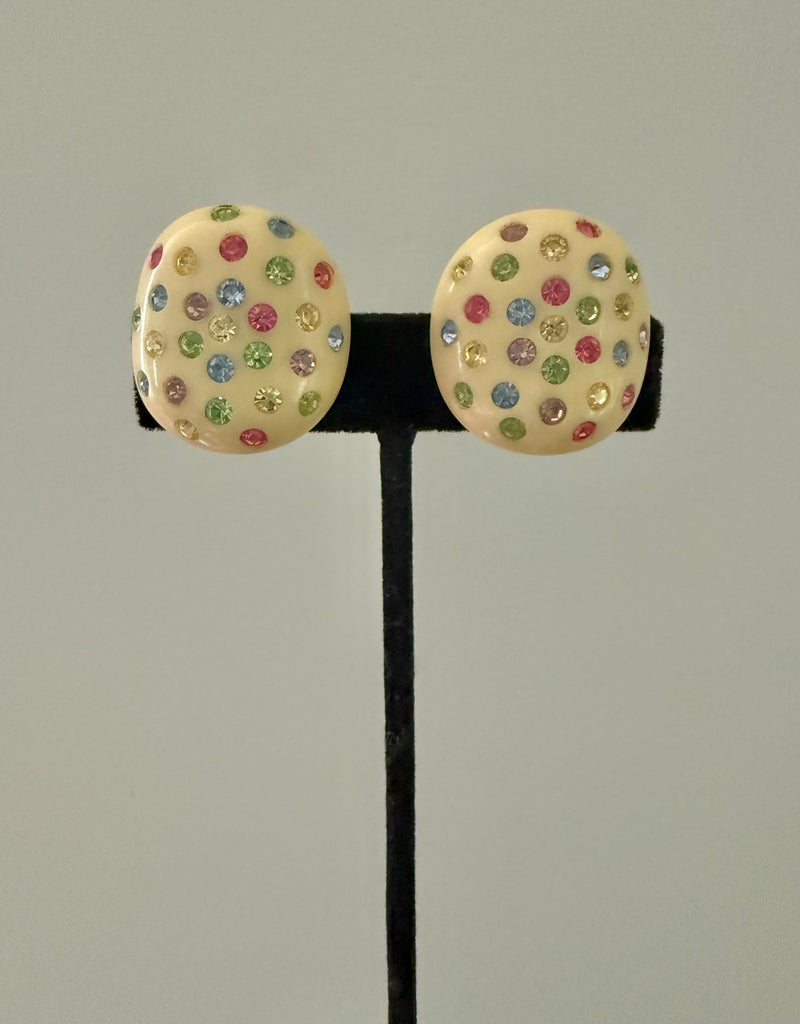 Cream Lucite & Pastel Rhinestone Clip On Earrings